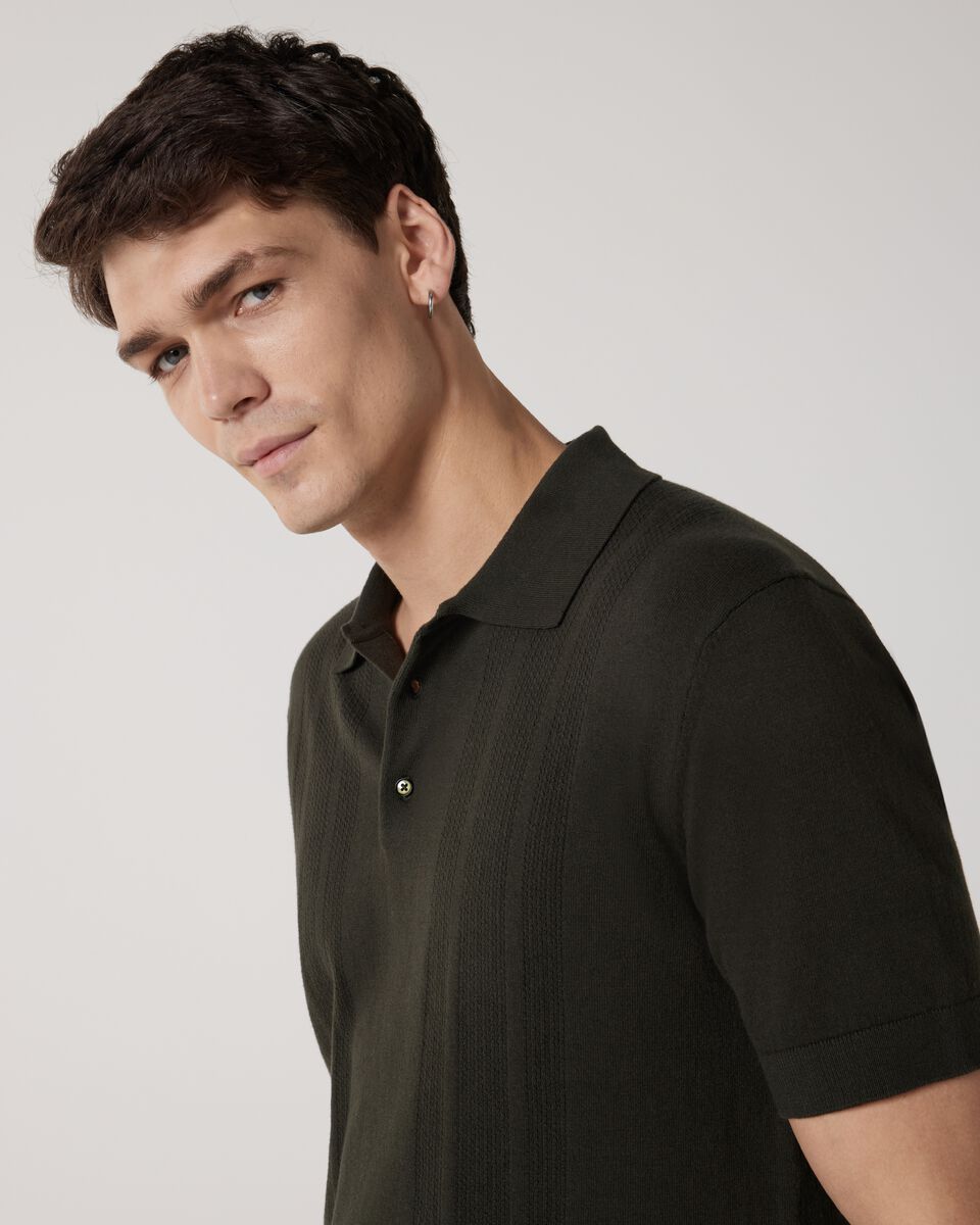 Knitted Pointelle Short Sleeve Polo, Khaki, hi-res